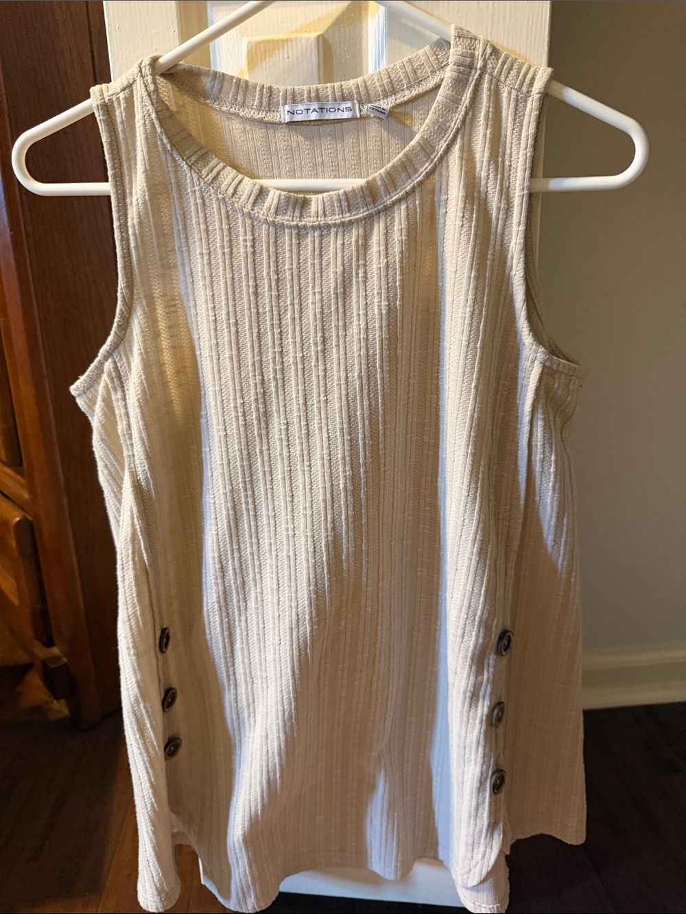 Notations Cream Ribbed Tank with Side Button Details